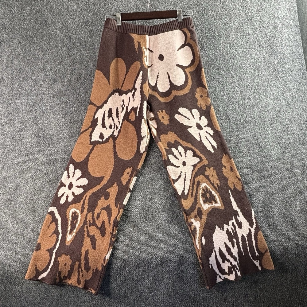 Cider Brown Floral Print Knit Wide Leg High Waist Pants size XL Boho